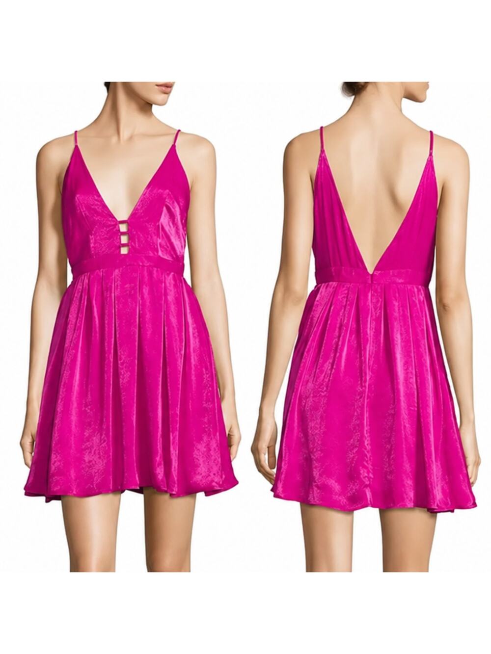 Free People Mini Dress FP Gabby's Party All Night Plunge V Neck Hot Pink Size 2